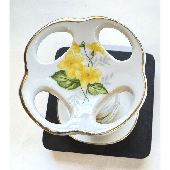Vintage Cottage Core YELLOW Floral Toothbrush Holder with Gold Trim - Picture 2 of 7